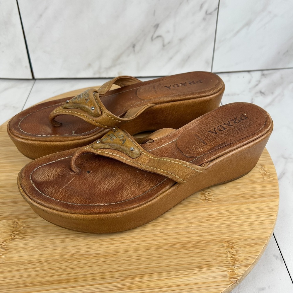 VTG Y2K Prada Womens Size 7.5 EU 37.5 Brown Tan Logo Wood Platform Wedge Sandals - Picture 4 of 11